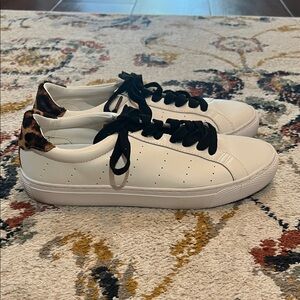 J. Crew White Leather Sneakers with Black Laces and Leopard Heel